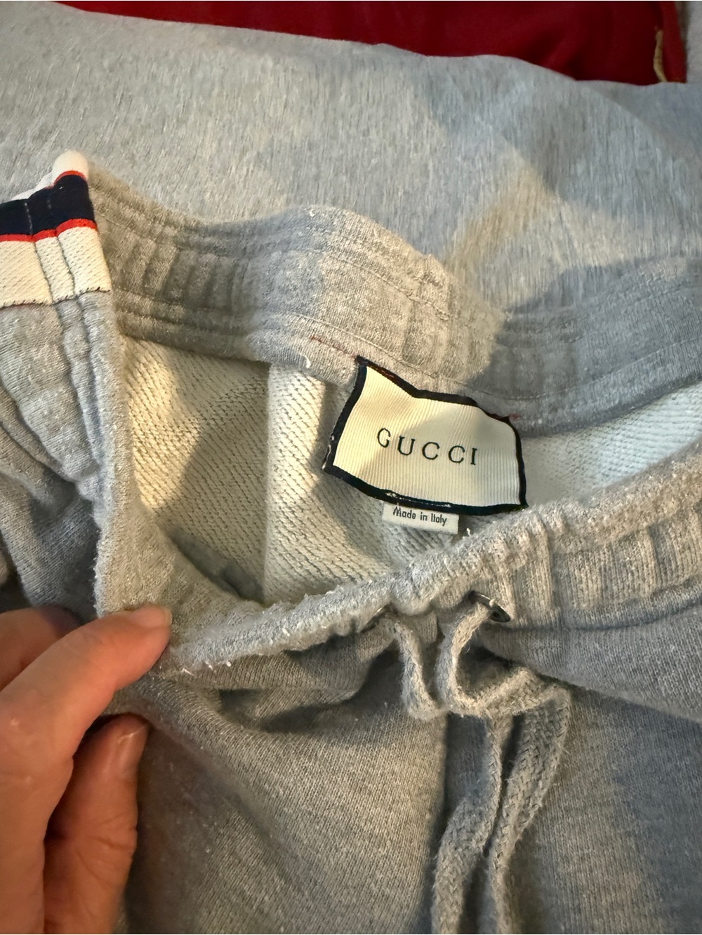 Gucci Light Gray Sweatpants with Navy & Red Trim